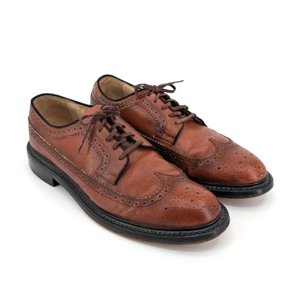 Sears‎ Mens Brown Pebble Grain Leather Wingtip Oxford Dress Shoes Distressed